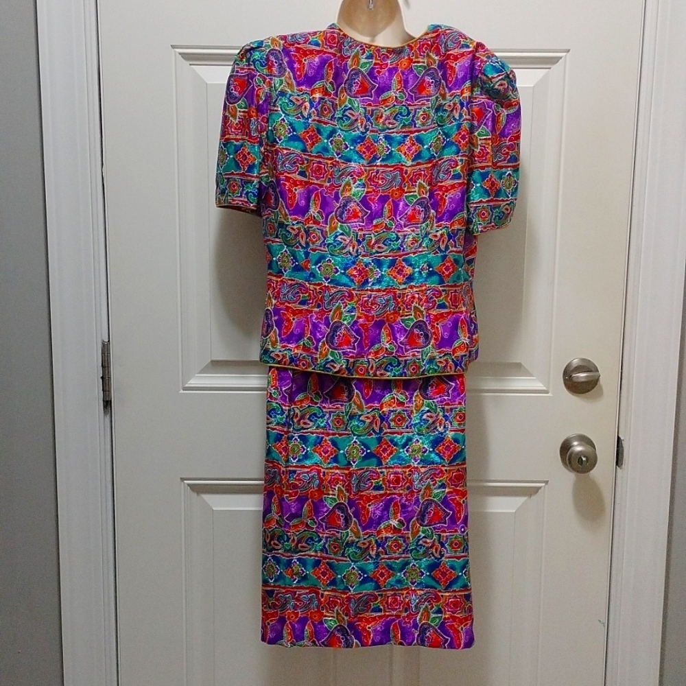 Maggy London Petites 2pc Skirt Set Multicolor Abstract Print Top Midi Size 14P - Picture 4 of 5